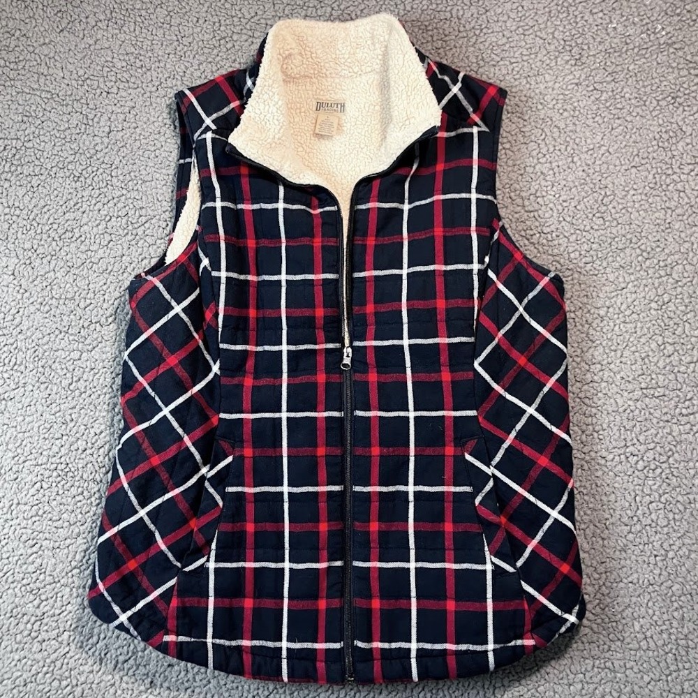 Duluth Trading Co Womens L Plaid Sherpa Lined Quilted Vest Navy Red White Zip